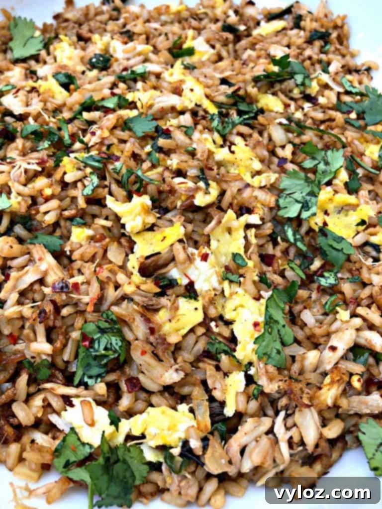 Crab Fried Rice cooking in an air fryer with visible ingredients, focusing on the pan inside the air fryer basket.