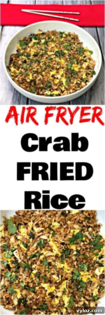 A collage of two images showcasing Air Fryer Crab Fried Rice, presented with a red napkin and chopsticks.