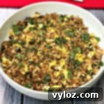 Close up photo of Air Fryer Crab Fried Rice, showing its rich texture and appetizing appearance.