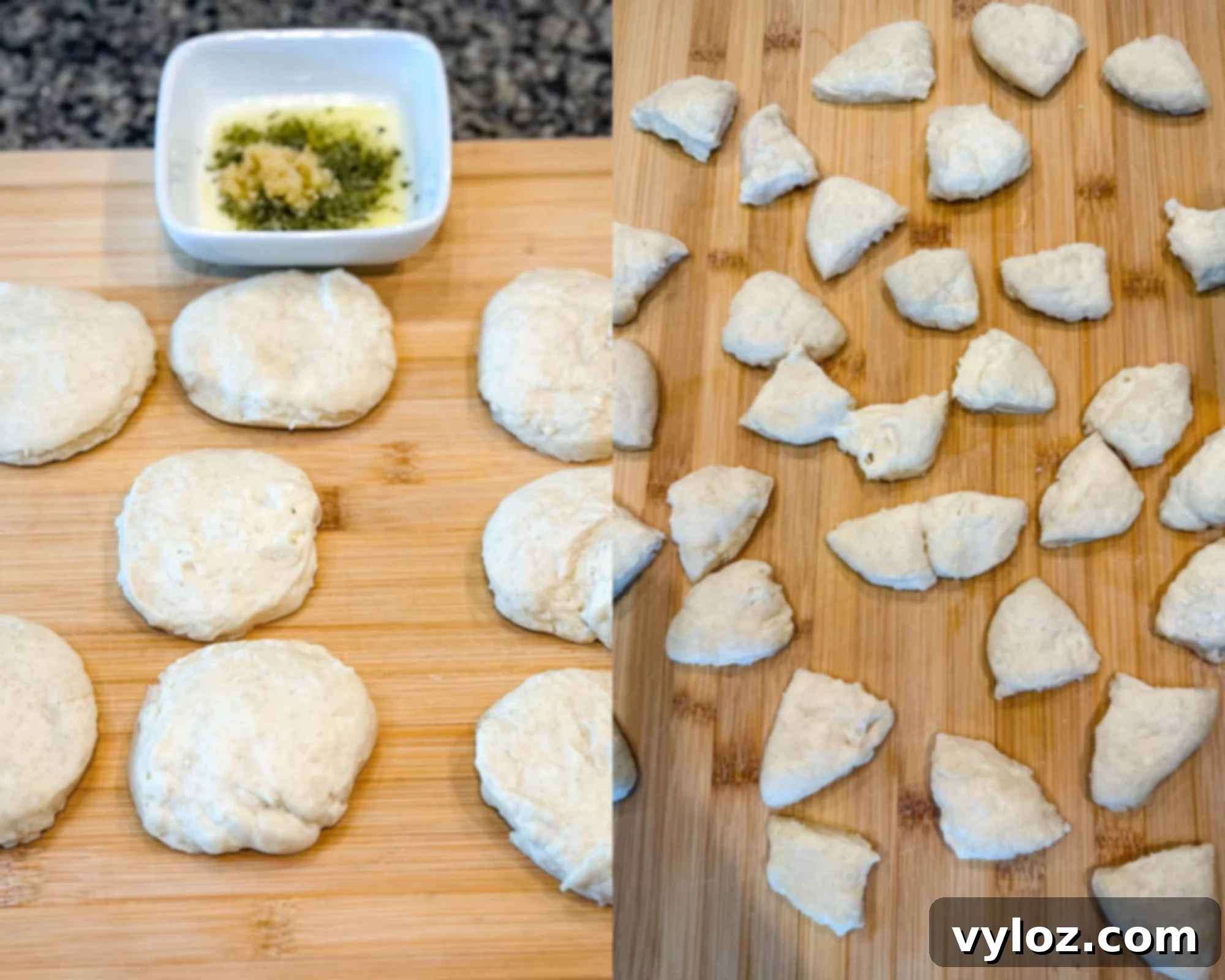 Refrigerated biscuit dough rounds on a cutting board with a small dish of melted butter, garlic, and parsley; on the right, biscuits cut into small dumpling pieces ready to be cooked.