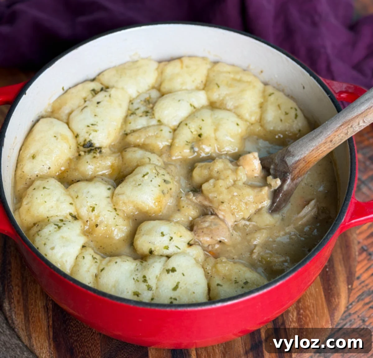 A red Dutch oven filled with chicken and dumplings, topped with fluffy biscuit dumplings sprinkled with herbs, with a wooden spoon resting inside.