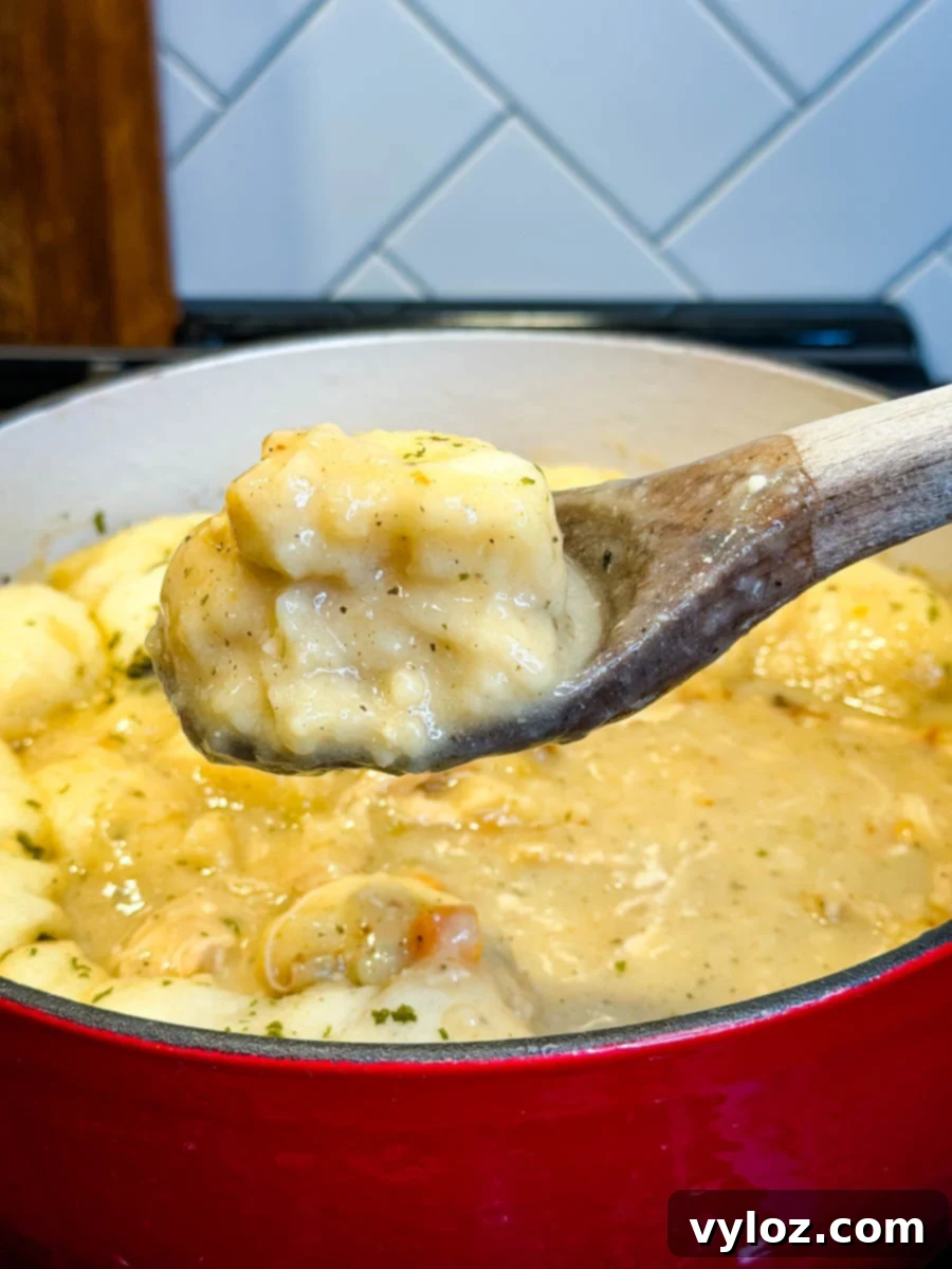 A wooden spoon lifting a fluffy biscuit dumpling coated in thick, creamy chicken gravy from a red Dutch oven filled with chicken and dumplings.