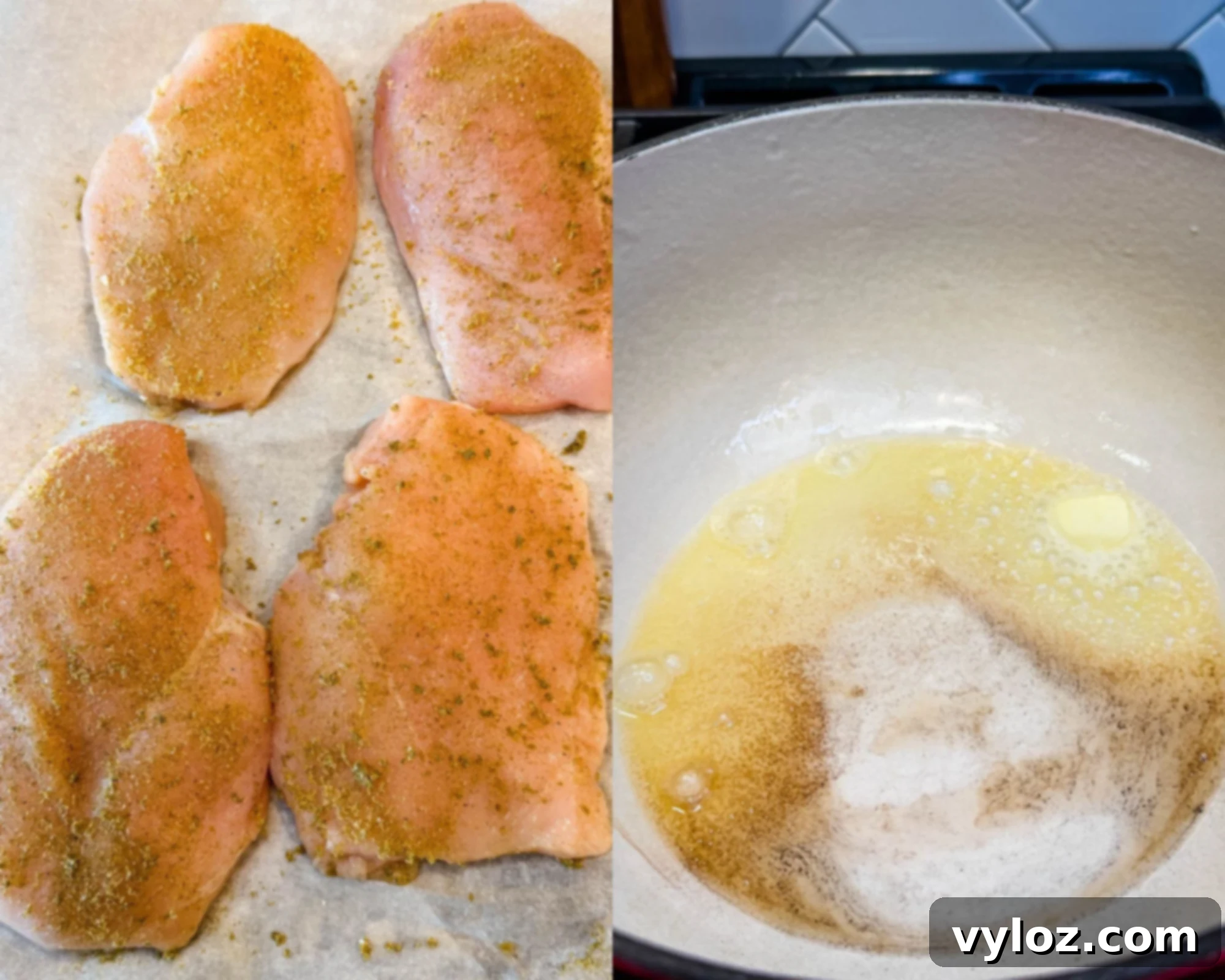 Raw chicken breasts seasoned with spices on parchment paper next to a Dutch oven with melted butter sizzling inside.