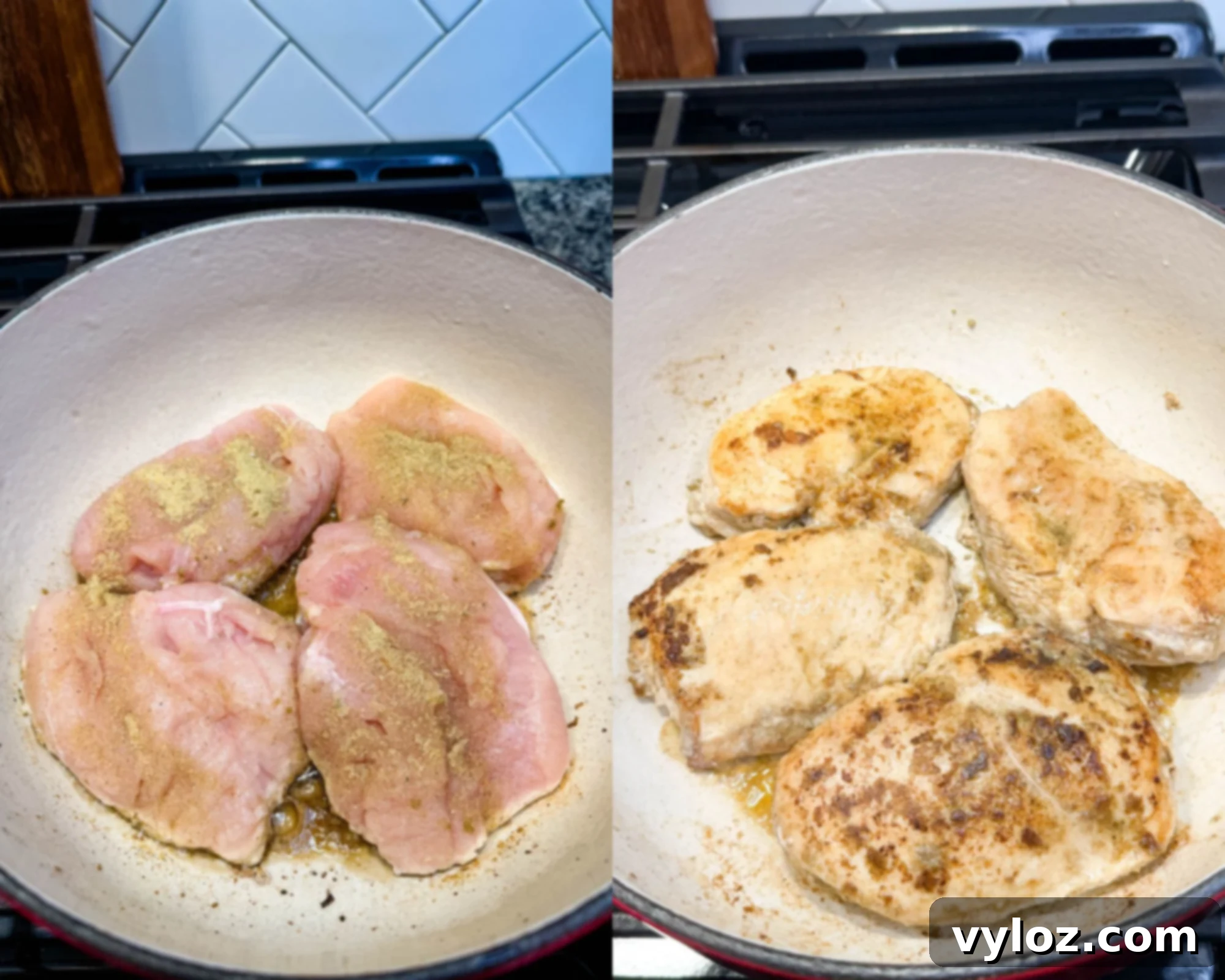 Seasoned chicken breasts being browned in a Dutch oven, showing both raw and golden-browned sides during the cooking process.