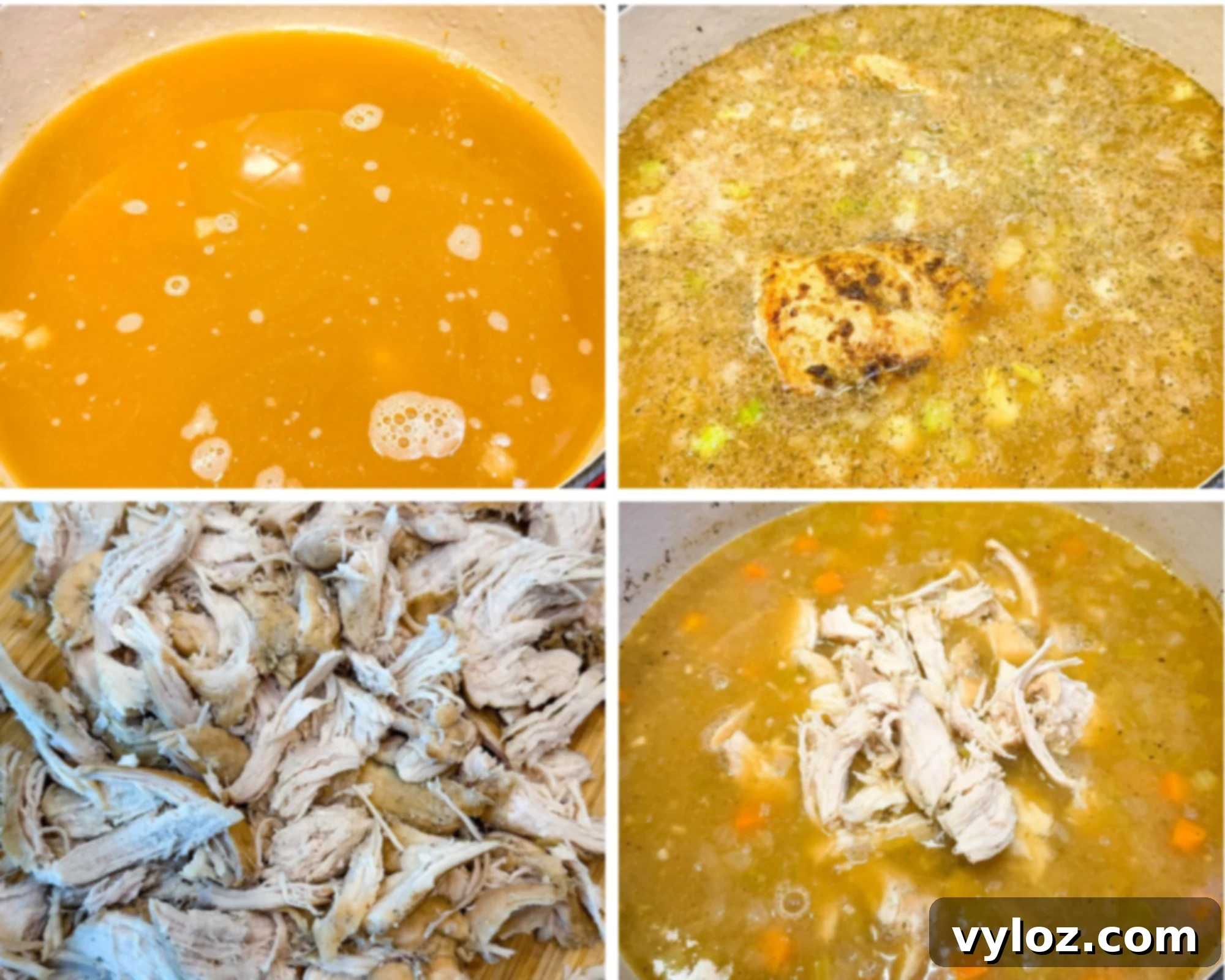 A sequence of broth added to the pot, chicken simmering in the broth, shredded chicken on a cutting board, and the shredded chicken being returned to the pot.