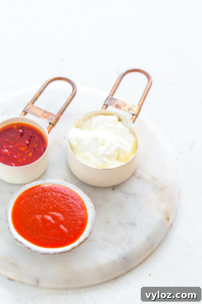 Crispy Air Fryer Bang Bang Shrimp 7 Ingredients for bang bang sauce, including sweet chili sauce, sriracha, and yogurt