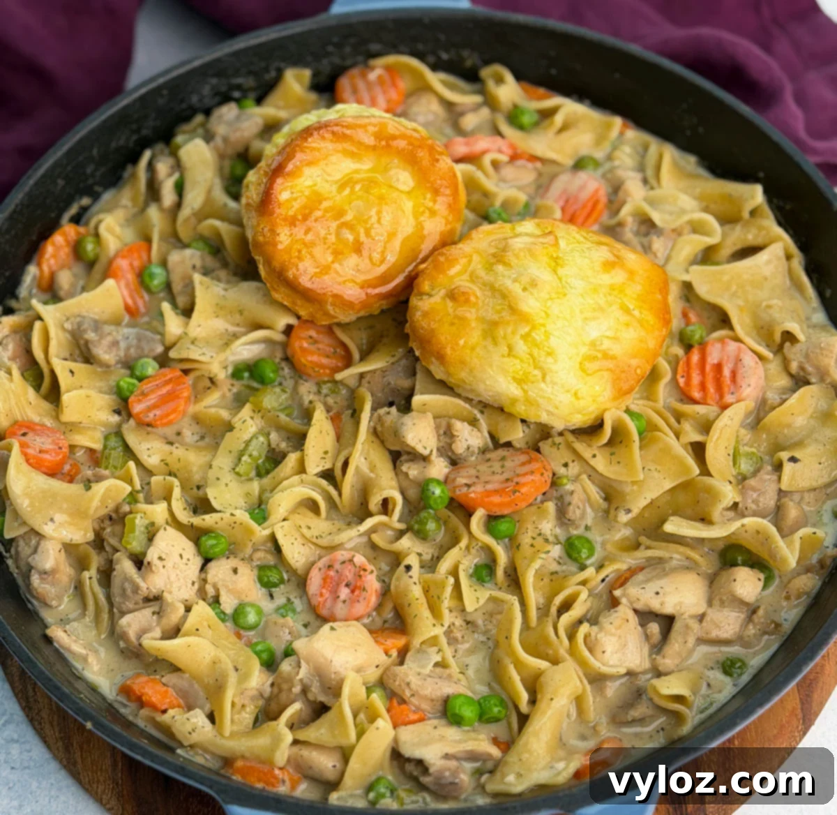 Skillet full of creamy chicken pot pie casserole with tender noodles, carrots, peas, and chicken, topped with golden biscuits for serving.
