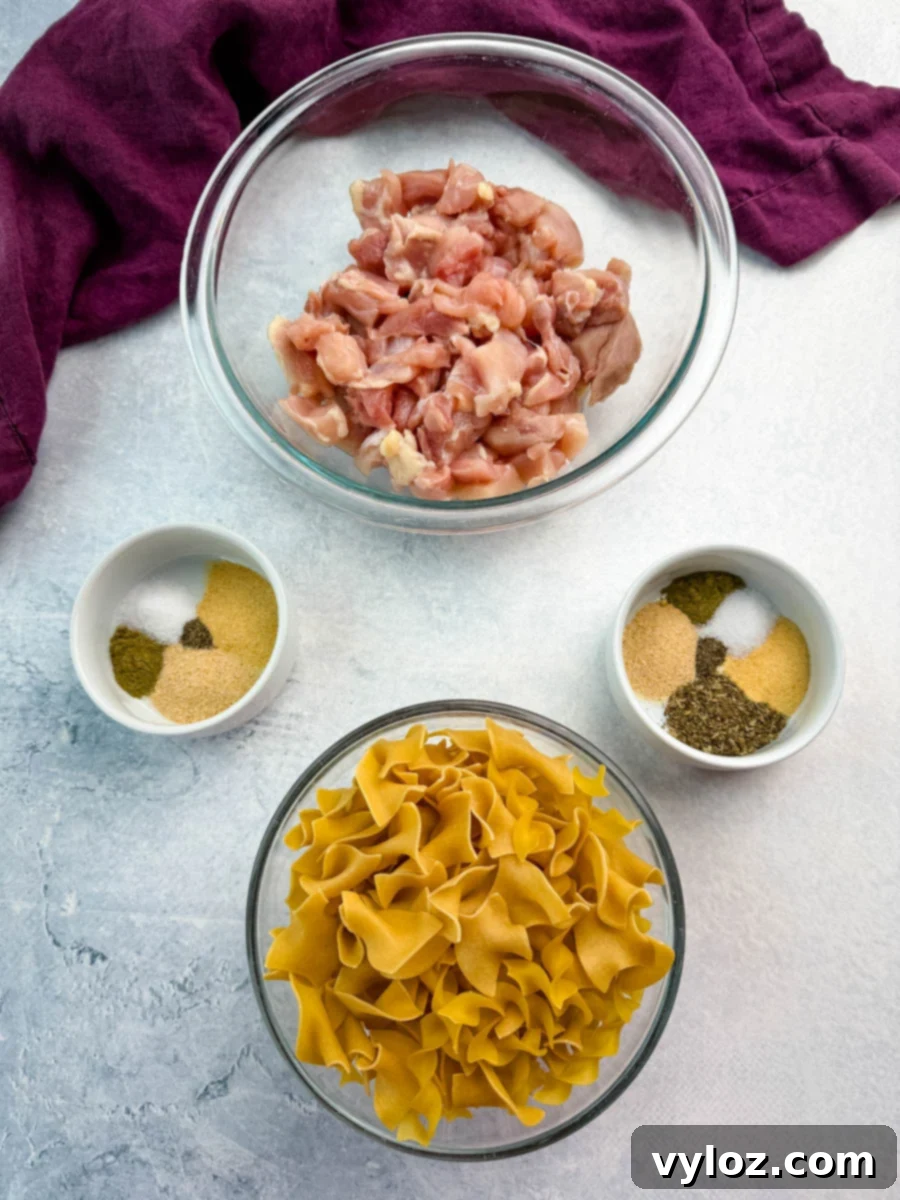 Ingredients for chicken pot pie casserole laid out, including a bowl of raw chicken pieces, uncooked egg noodles, and two small bowls of seasonings, set on a light countertop with a purple cloth napkin.
