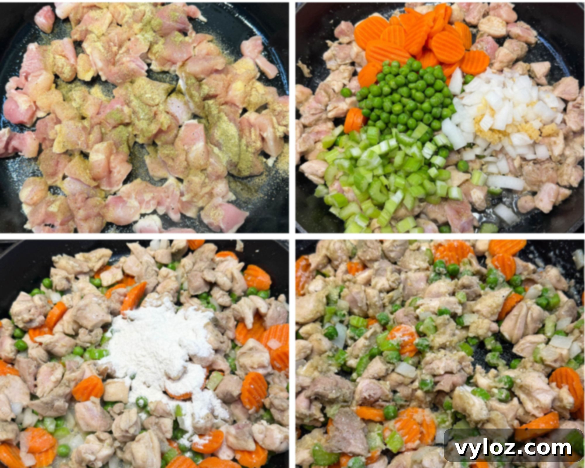 Process shots of egg noodles added to the skillet, simmering with chicken and vegetables, then cream being poured in to make a rich, one-pot chicken pot pie casserole.