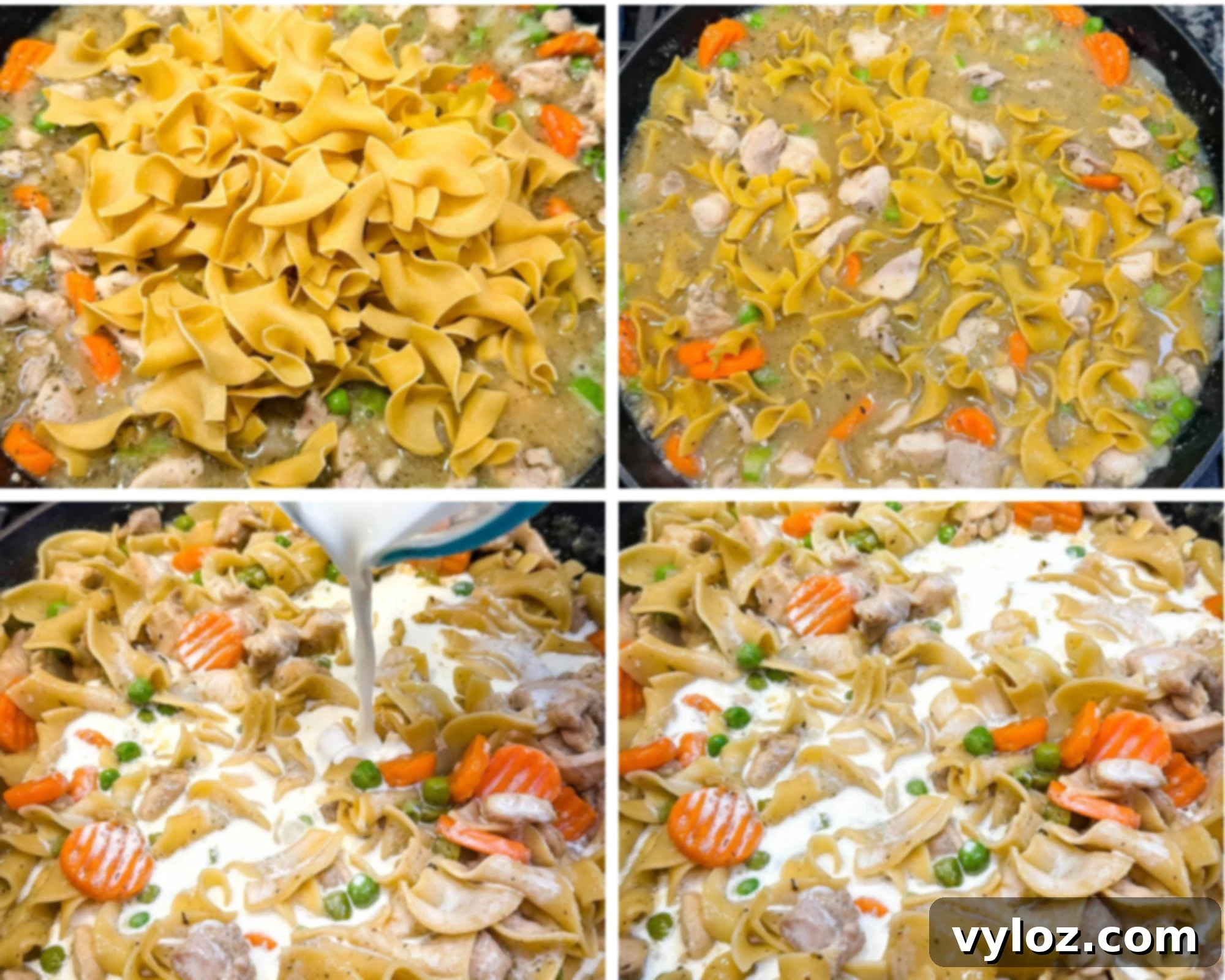 Step-by-step collage showing chicken pieces cooking in a skillet with seasonings, then mixed with peas, carrots, celery, and onions, thickened with flour, simmered with noodles, and finished with creamy sauce for a one-pot chicken pot pie casserole.
