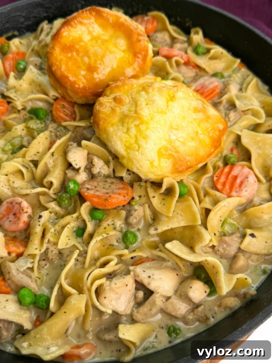 Close-up of creamy chicken pot pie casserole showing buttery noodles, seasoned chicken, peas, and carrots in a cast-iron skillet.