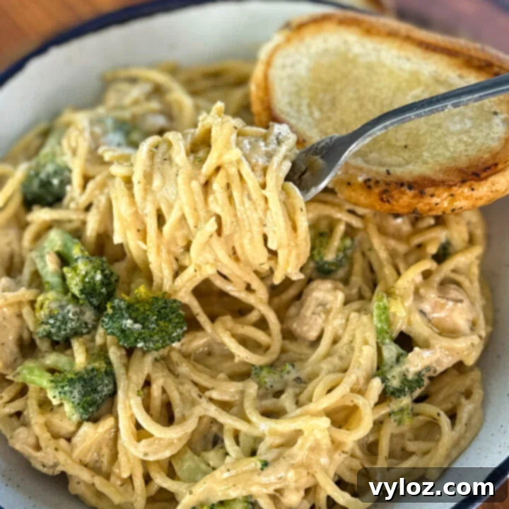 Chicken Broccoli Alfredo, a creamy one-pot pasta dish with chicken and broccoli