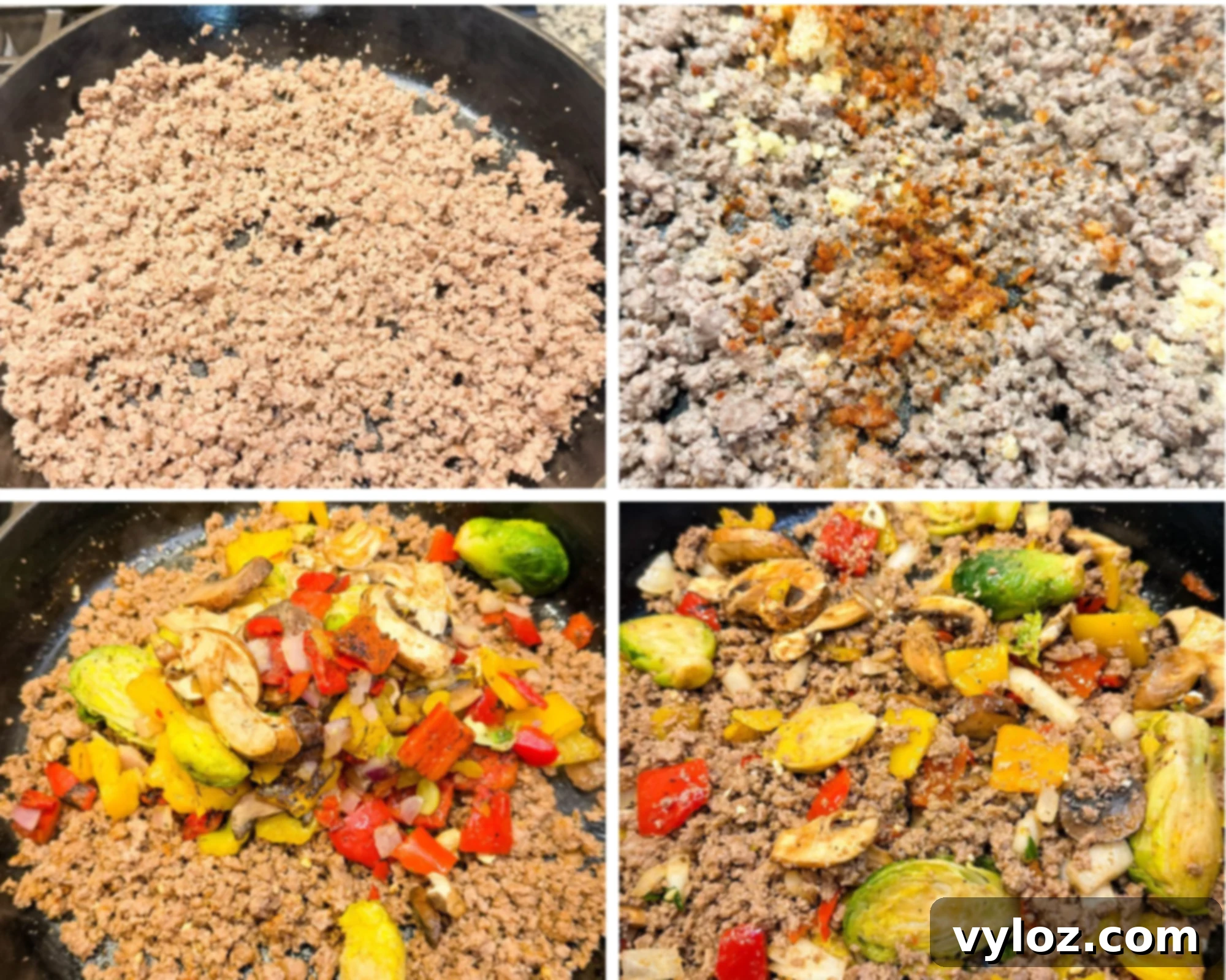 Step-by-step collage showing the process of making Mongolian ground beef: browning ground beef, adding seasoning, tossing in garlic and onions, then mixing in colorful veggies like Brussels sprouts, mushrooms, and peppers. Each stage is clearly depicted.