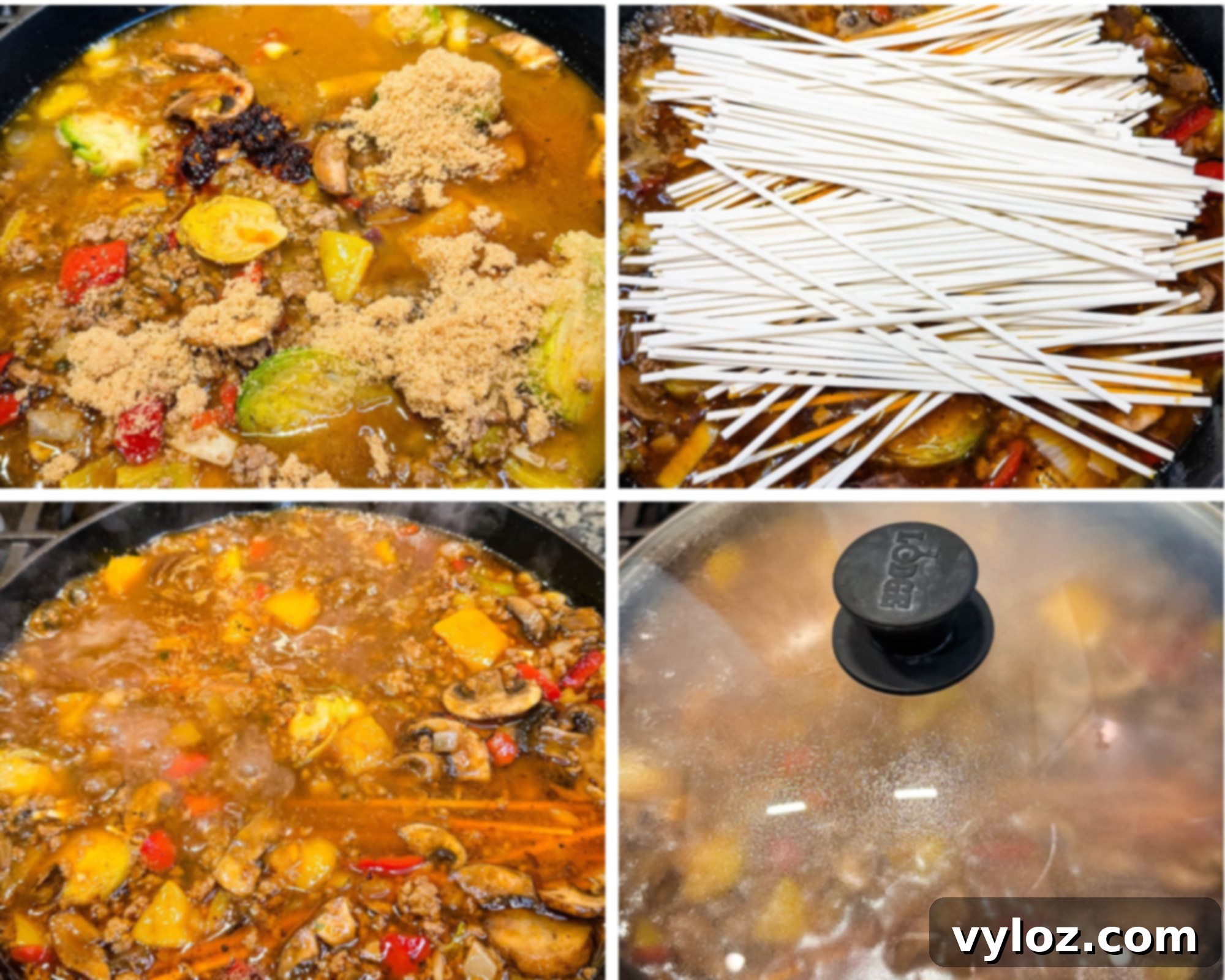 Step-by-step collage showing broth, soy sauce, and brown sugar being added to cooked beef and veggies, then uncooked udon noodles placed on top and covered to cook in the flavorful sauce. Each step is illustrated for clarity.