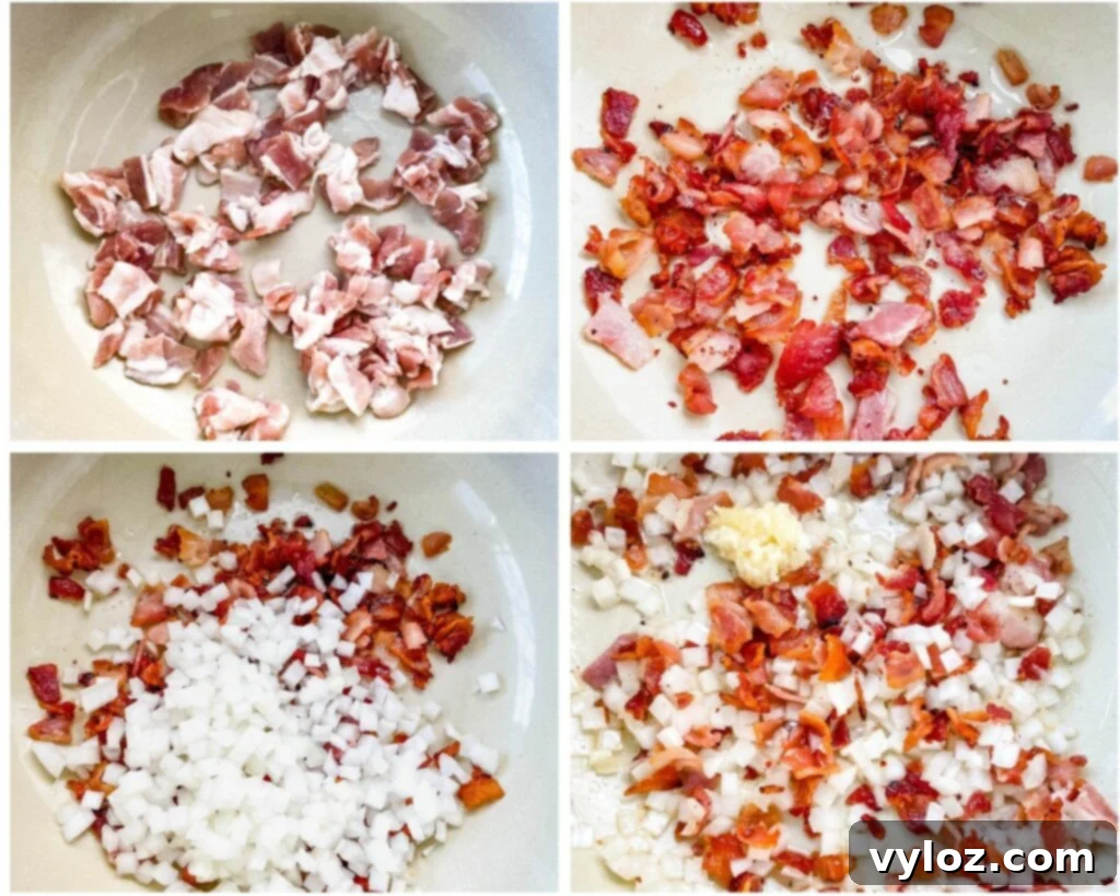 collage photo of 4 photos showing how to cook bacon and onions in a large pot