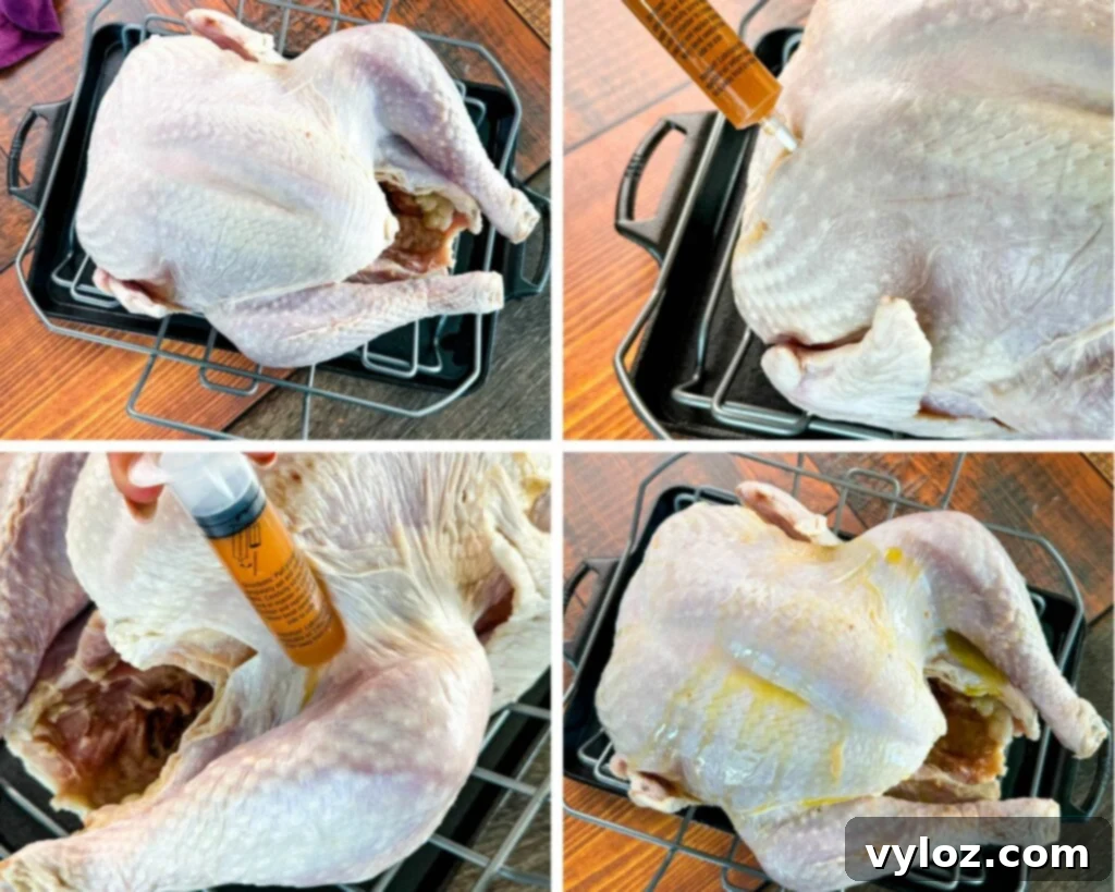 Spicy Cajun Turkey 6 collage of 4 photos with raw turkey in a roasting pan injected with butter and drizzled with olive oil