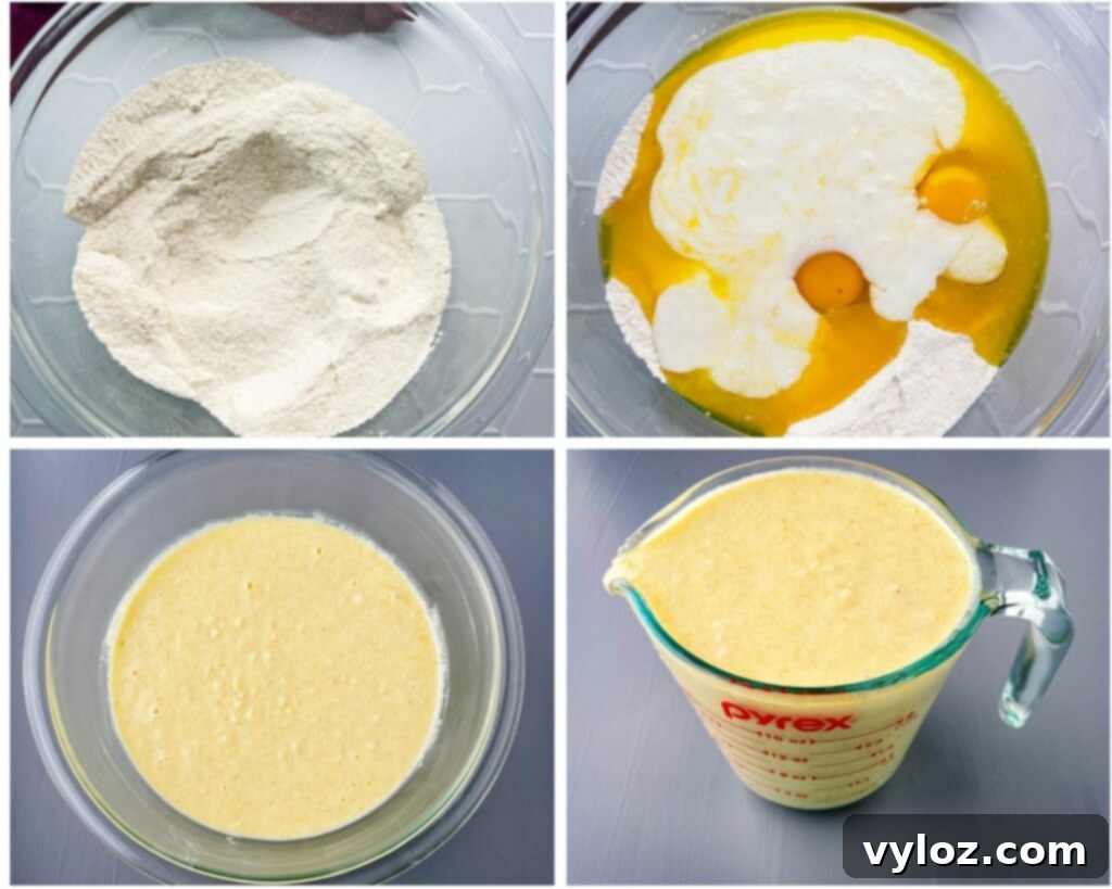 A four-photo collage showing the step-by-step process of combining batter for homemade cornbread muffins, from dry ingredients to a smooth mixture.