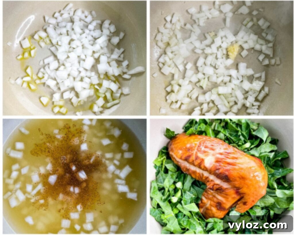 collage photo of sauteed onions in a pot with collard greens
