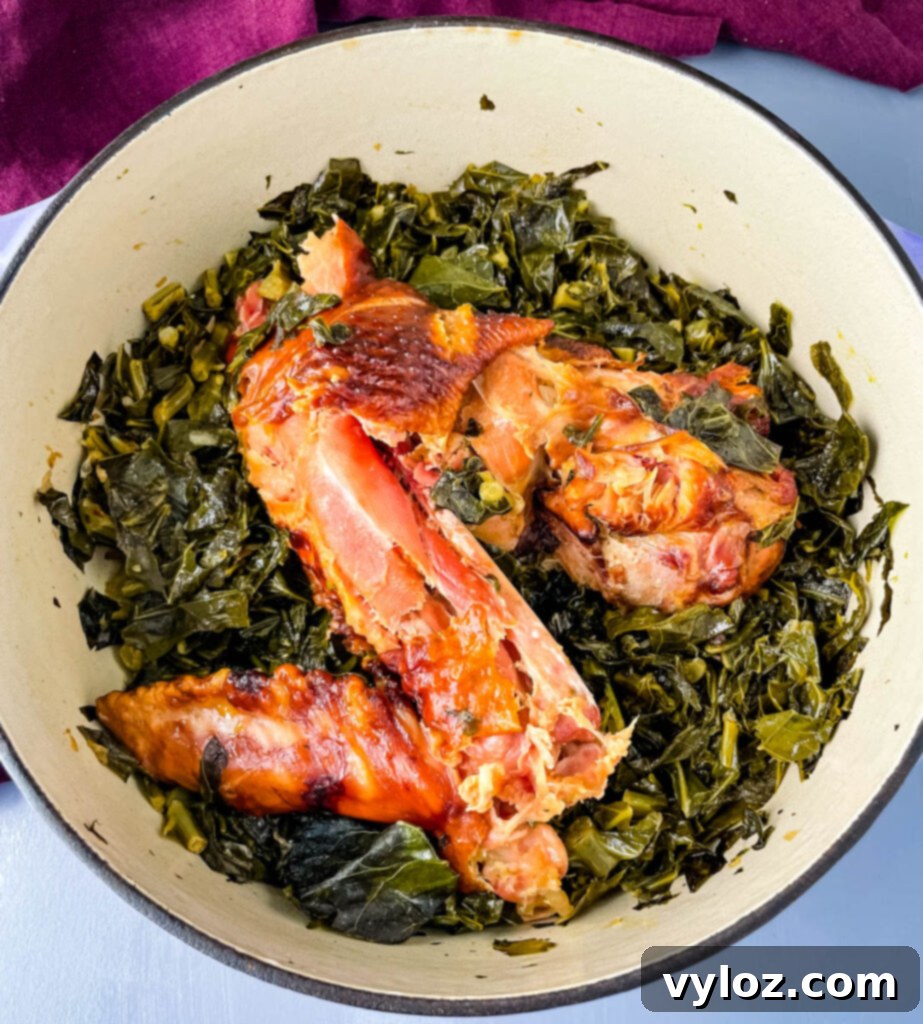 collard greens and smoked turkey in a pot