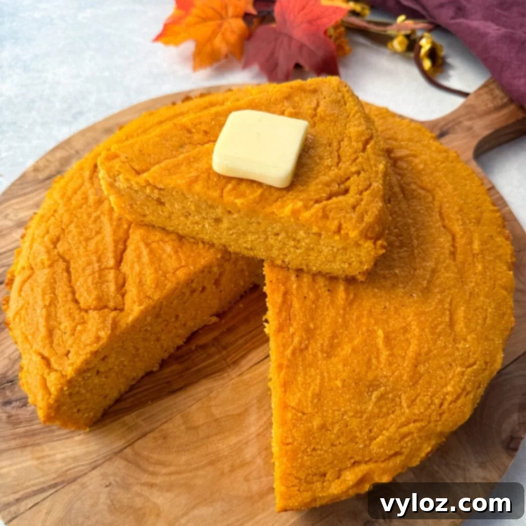 a slice of sweet potato cornbread with butter on top of a pan of sweet potato cornbread