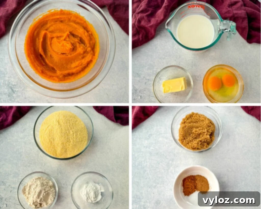 pureed sweet potatoes, butter, buttermilk, eggs, yellow cornmeal, flour, baking powder, brown sugar, cinnamon, and nutmeg in separate glass bowls