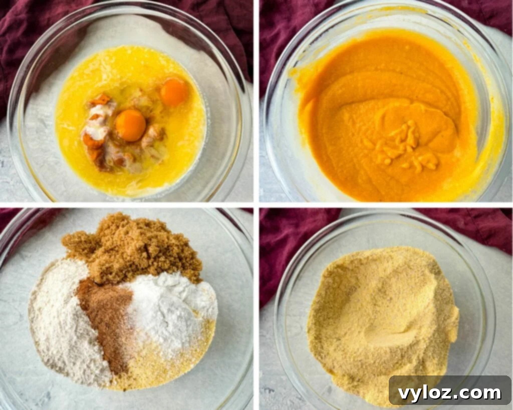 dry and wet ingredients for sweet potato cornbread batter in a glass bowl