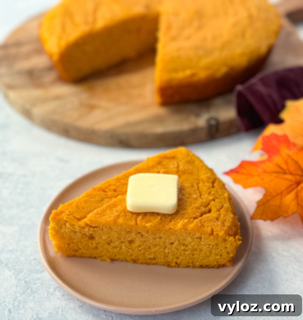 a slice of sweet potato cornbread with butter on a plate