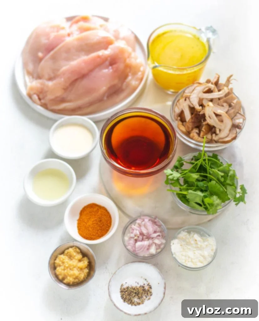 Collection of fresh ingredients for Chicken Marsala: raw chicken breasts, onions, Marsala wine, mushrooms, garlic, and various seasonings in separate bowls.