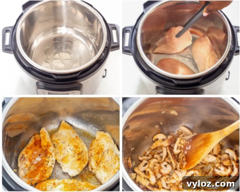 Collage photo demonstrating the initial steps: sautéing chicken breasts and adding mushrooms to the Instant Pot.