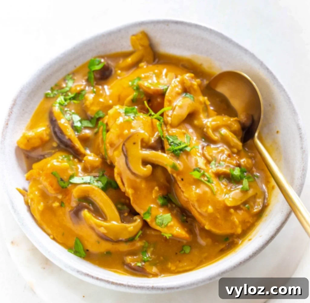 A bowl of Instant Pot Chicken Marsala, ready to be served or frozen for later.
