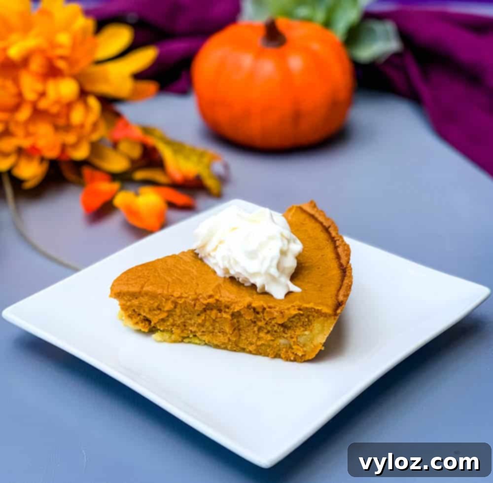 Naturally Sweetened Pumpkin Pie 10 keto low carb pumpkin pie on a white plate with a