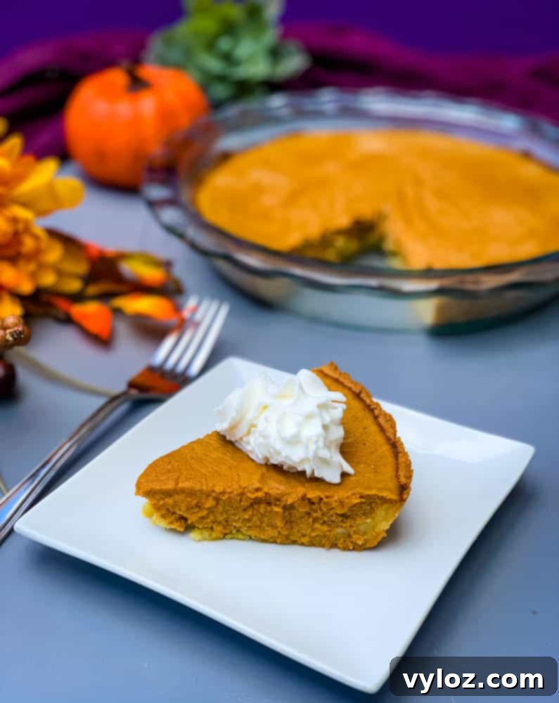 Naturally Sweetened Pumpkin Pie 8 keto low carb pumpkin pie on a white plate with a whole cut pie in the back