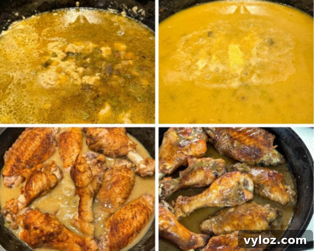 Soulful Smothered Turkey Wings 6 A collage depicting the stages of making gravy and cooked turkey wings, including a pan of rich brown gravy and finished smothered turkey wings
