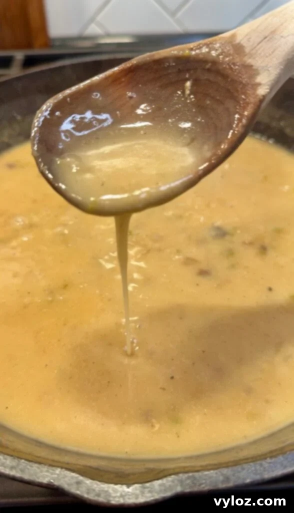 Soulful Smothered Turkey Wings 9 Rich, thick gravy simmering in a pan, stirred with a wooden spoon, ready to smother the turkey wings