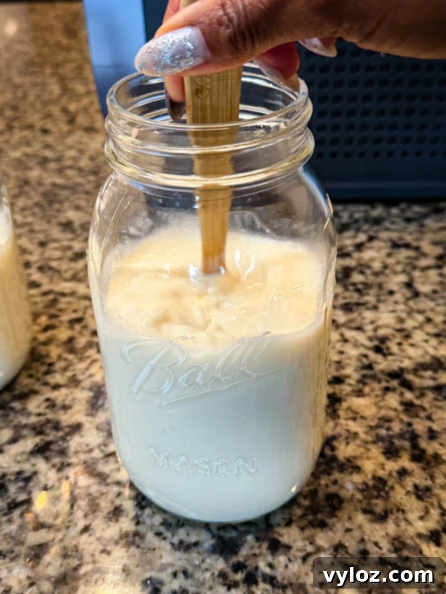 Stealthy Slushy Delight 4 A hand stirring a creamy milk mixture inside a mason jar on a granite countertop before freezing for the Ninja Slushi McFlurry.
