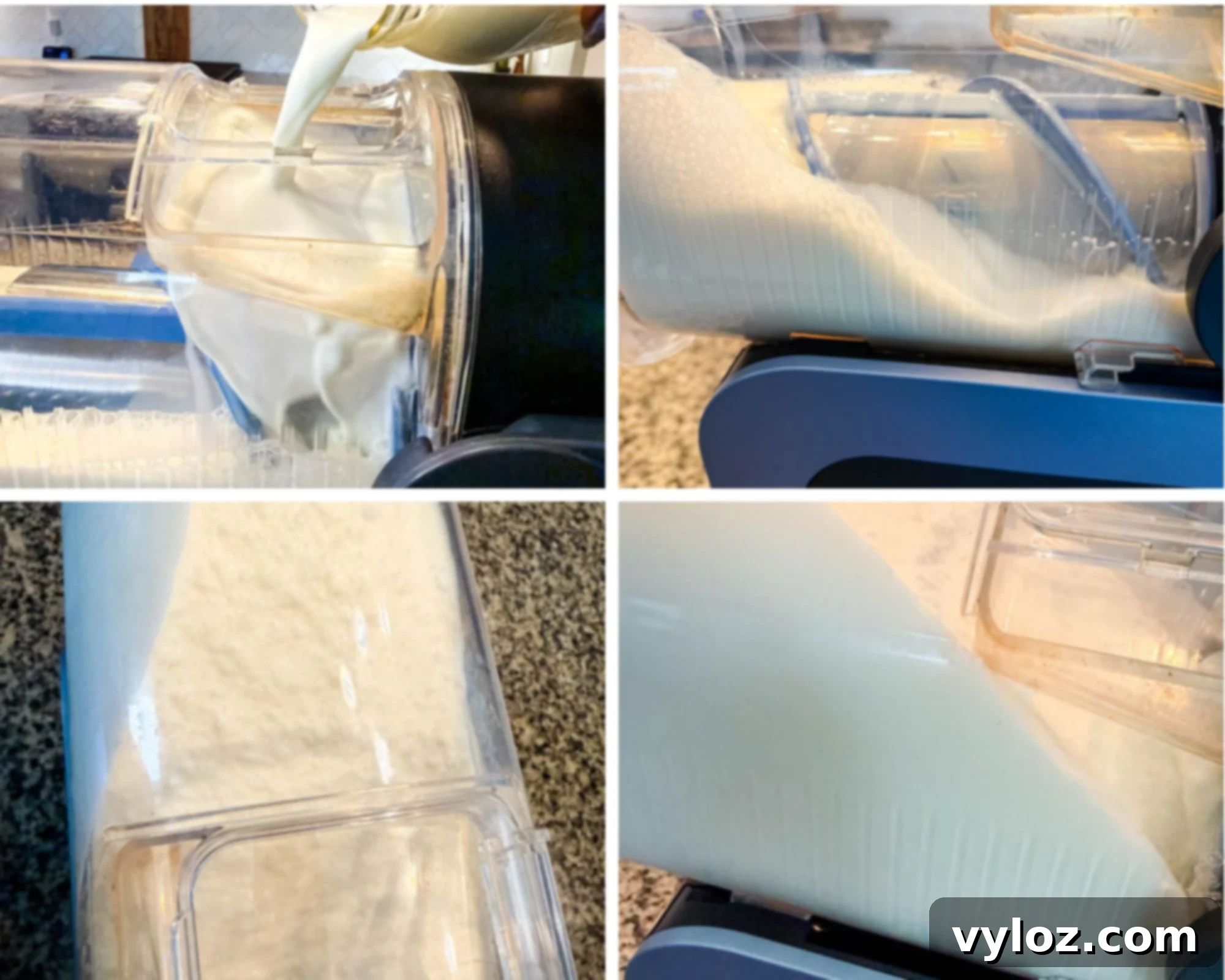 Stealthy Slushy Delight 5 Four-photo collage showing milk mixture being poured into the Ninja Slushi machine, freezing, and churning inside the container to create the McFlurry base.