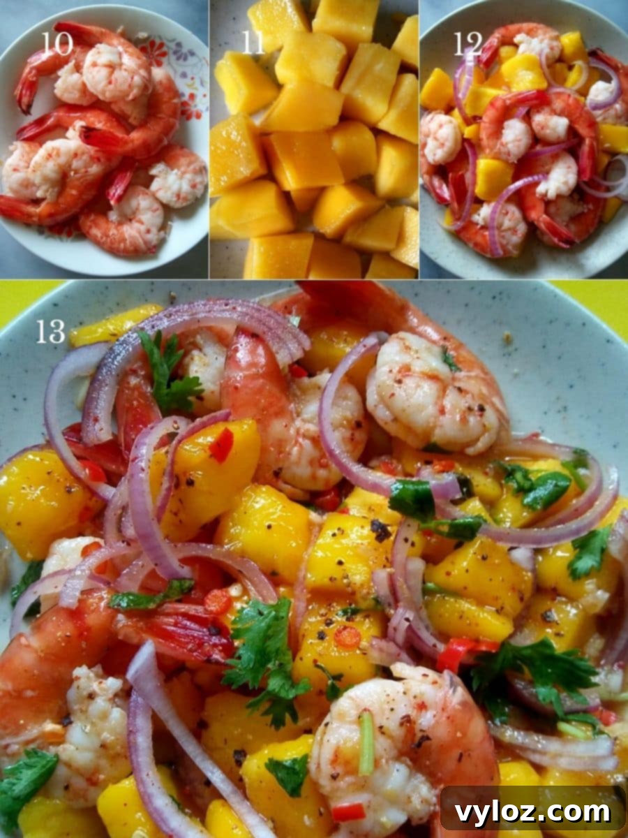 Sun-Kissed Spicy Mango Prawn Salad 4 Tossing the spicy prawn mango summer salad with its dressing
