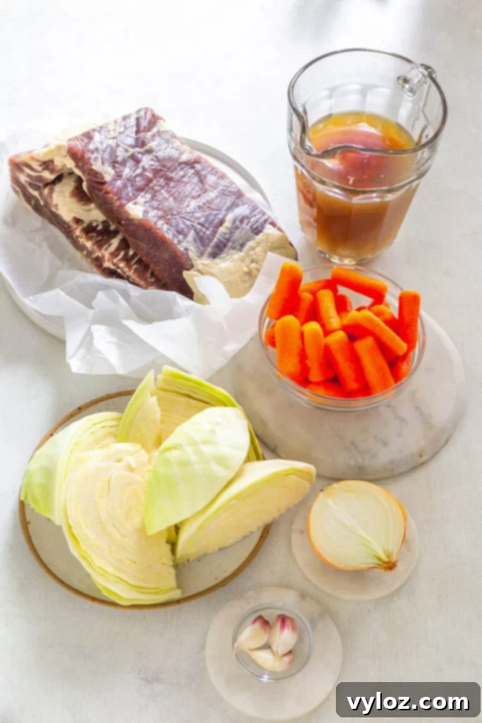 Instant Pot Corned Beef and Cabbage 3 Raw corned beef brisket, a head of fresh green cabbage, whole carrots, garlic cloves, and a carton of broth laid out on a flat surface, illustrating ingredients.