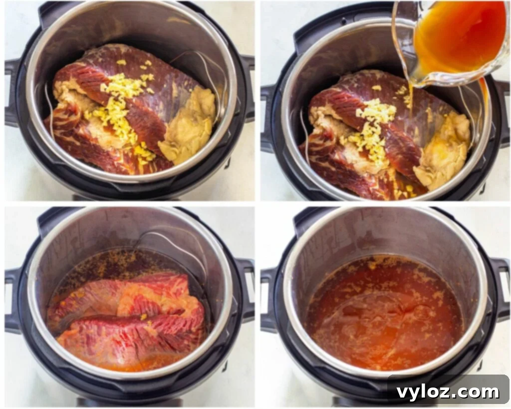 Instant Pot Corned Beef and Cabbage 4 A collage of images showing corned beef brisket cooking inside an Instant Pot, illustrating the convenience of pressure cooking.