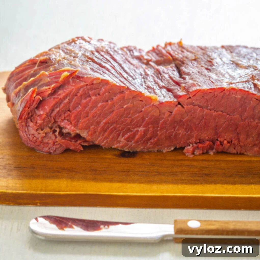 Instant Pot Corned Beef and Cabbage 6 Cooked corned beef, beautifully sliced, resting on a wooden cutting board, ready for serving.