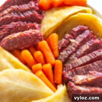 Instant Pot Corned Beef and Cabbage 8 Perfectly cooked corned beef, carrots, and cabbage arranged on a white plate for a festive and hearty meal.