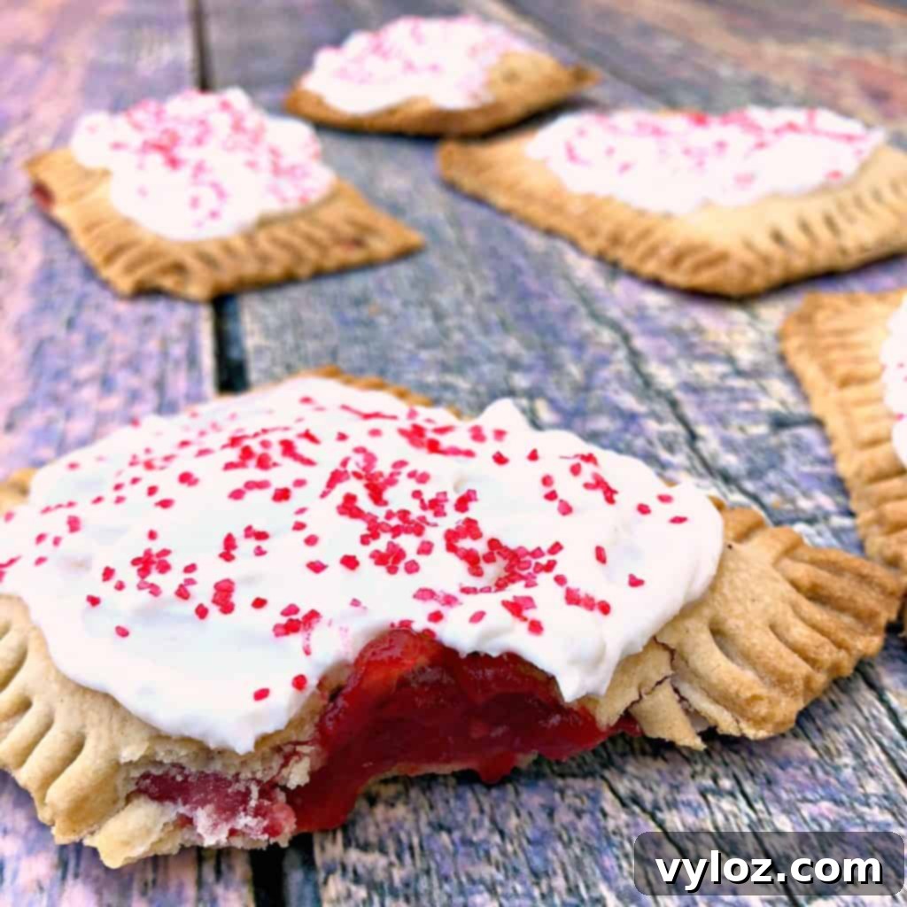 A deliciously frosted air fryer strawberry pop tart, with a bite taken out, resting on a colorful platter, ready to be enjoyed.