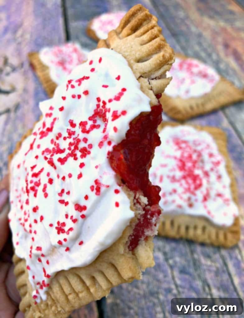 A close-up of a partially eaten air fryer strawberry pop tart, showcasing the tender crust and sweet filling, on a vibrant background.