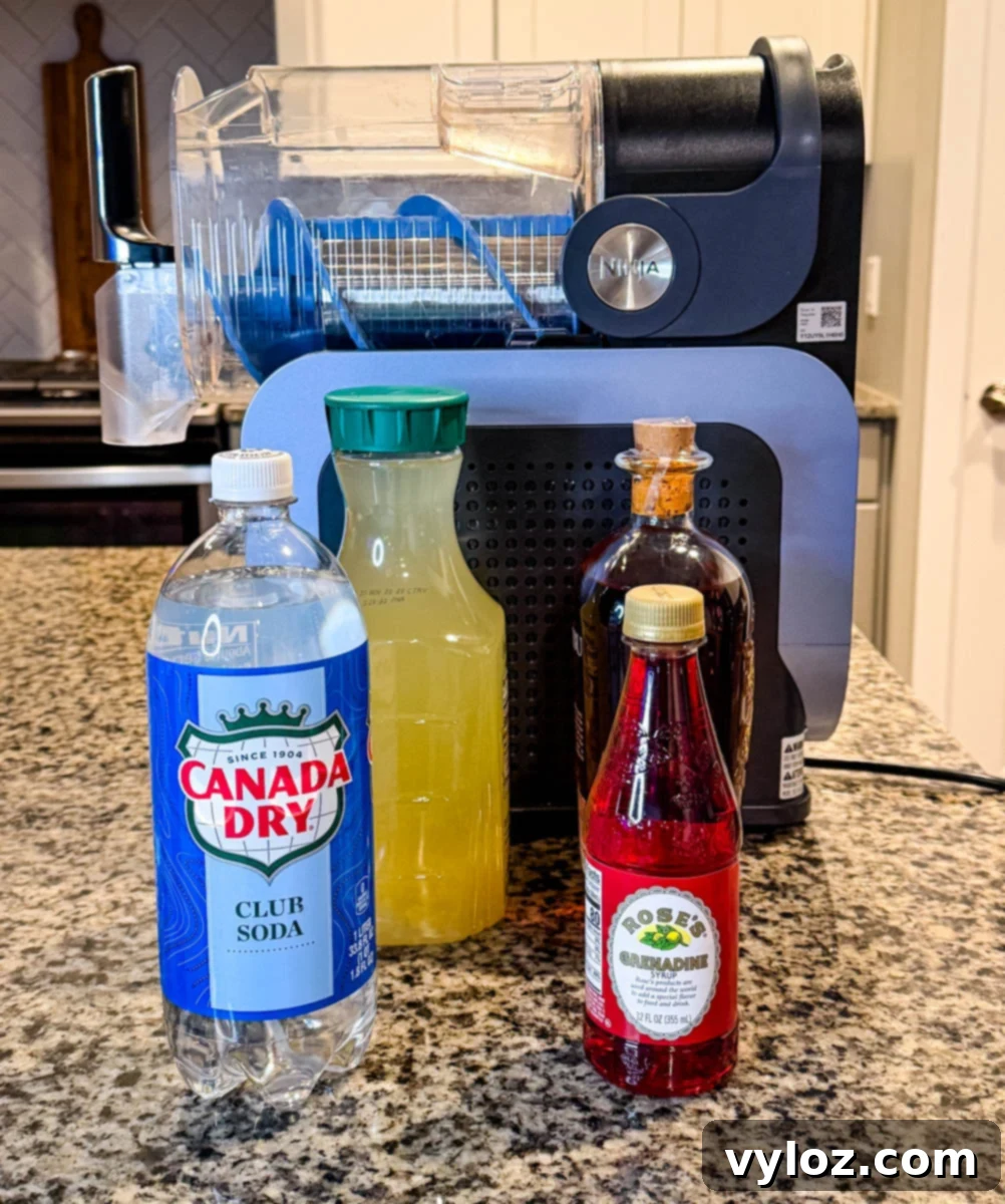 Ingredients for Ninja Slushi Rum Punch on a kitchen counter including Canada Dry club soda, pineapple juice, grenadine syrup, and rum beside a Ninja Slushi machine.