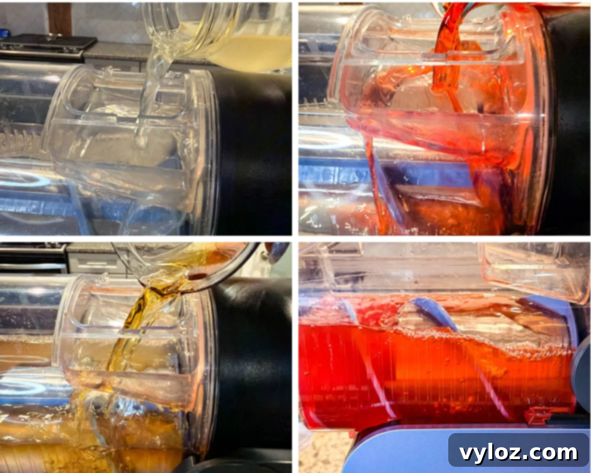 Pouring pineapple juice, grenadine, rum, and club soda into the Ninja Slushi machine to start making the rum punch.