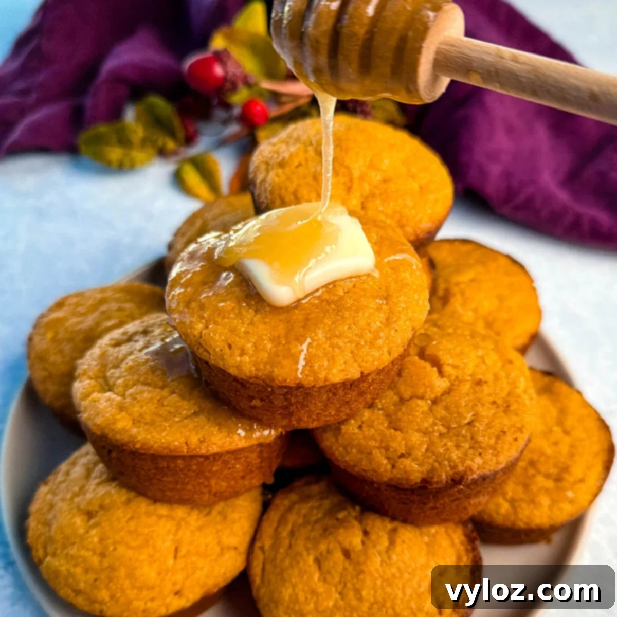 A stack of golden-brown Jiffy sweet potato cornbread muffins on a plate, topped with melting butter and drizzled with honey for a glossy, irresistible finish.