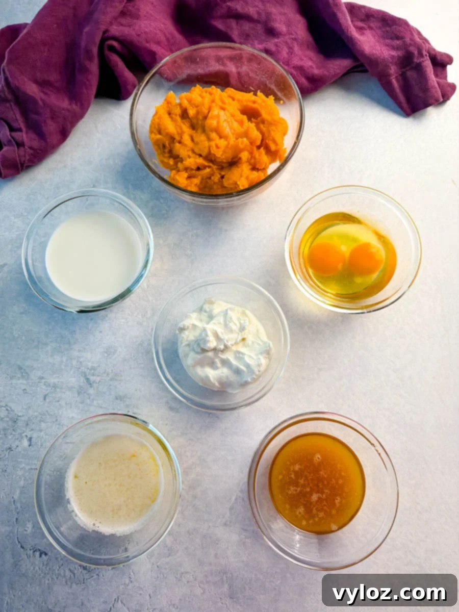A lineup of wet ingredients in small glass bowls including mashed sweet potatoes, milk, eggs, sour cream, melted butter, and honey ready to be mixed.