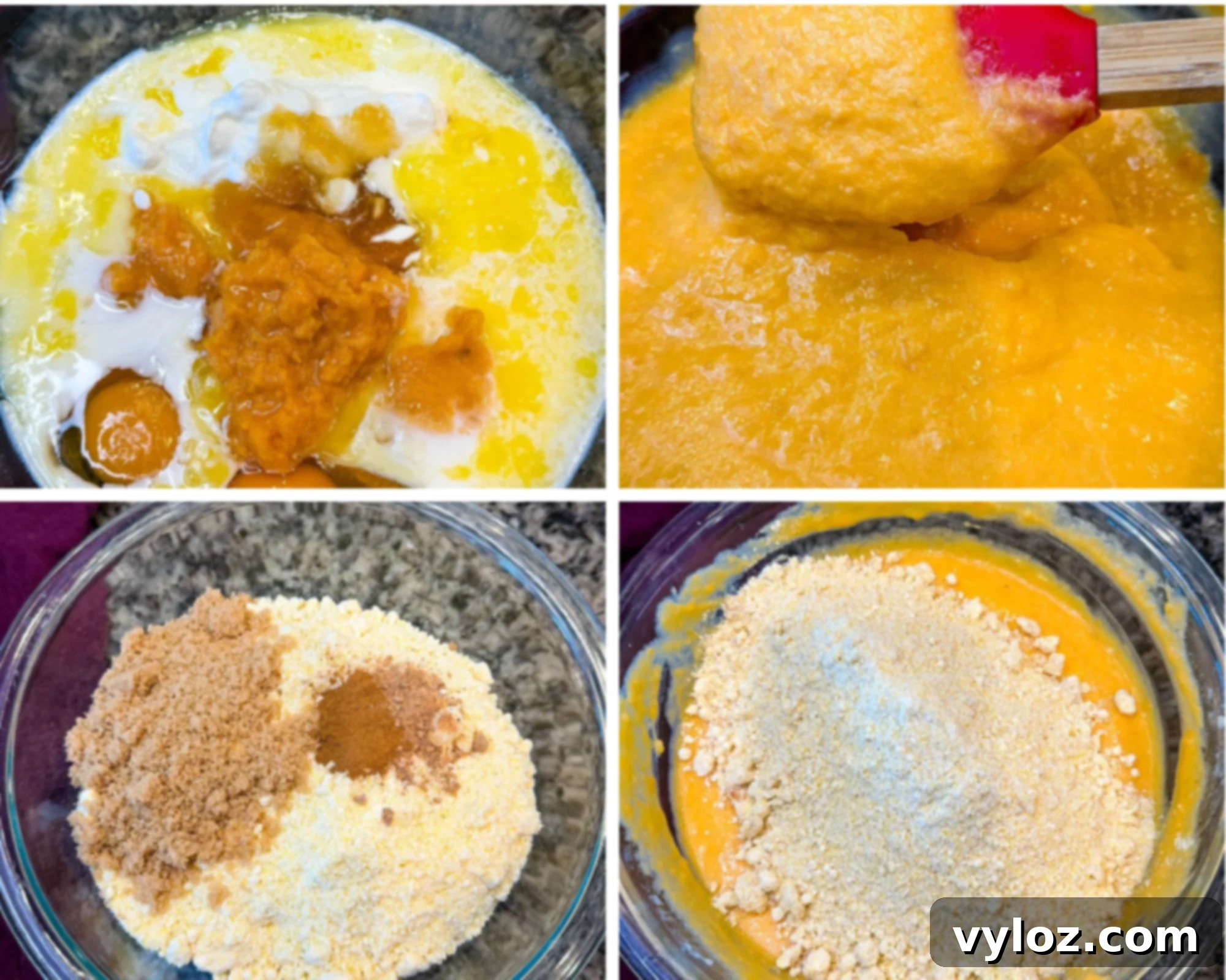 Step-by-step collage showing how to make Jiffy sweet potato cornbread muffin batter — combining wet ingredients, mixing in sweet potatoes, adding spices and brown sugar to Jiffy mix, and folding everything together into a smooth batter.