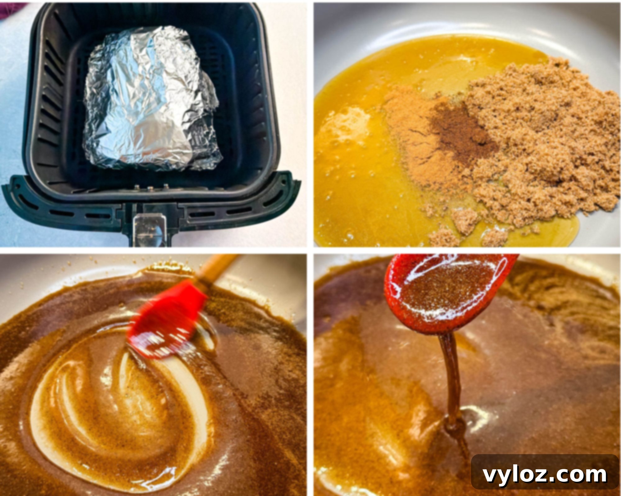 Honey-Kissed Air Fryer Ham 6 A step-by-step collage showing how to make honey glaze for ham — foil-wrapped ham inside an air fryer basket, brown sugar and spices in a pan with honey, the mixture being stirred with a red spatula, and a spoonful of glossy brown glaze being lifted.