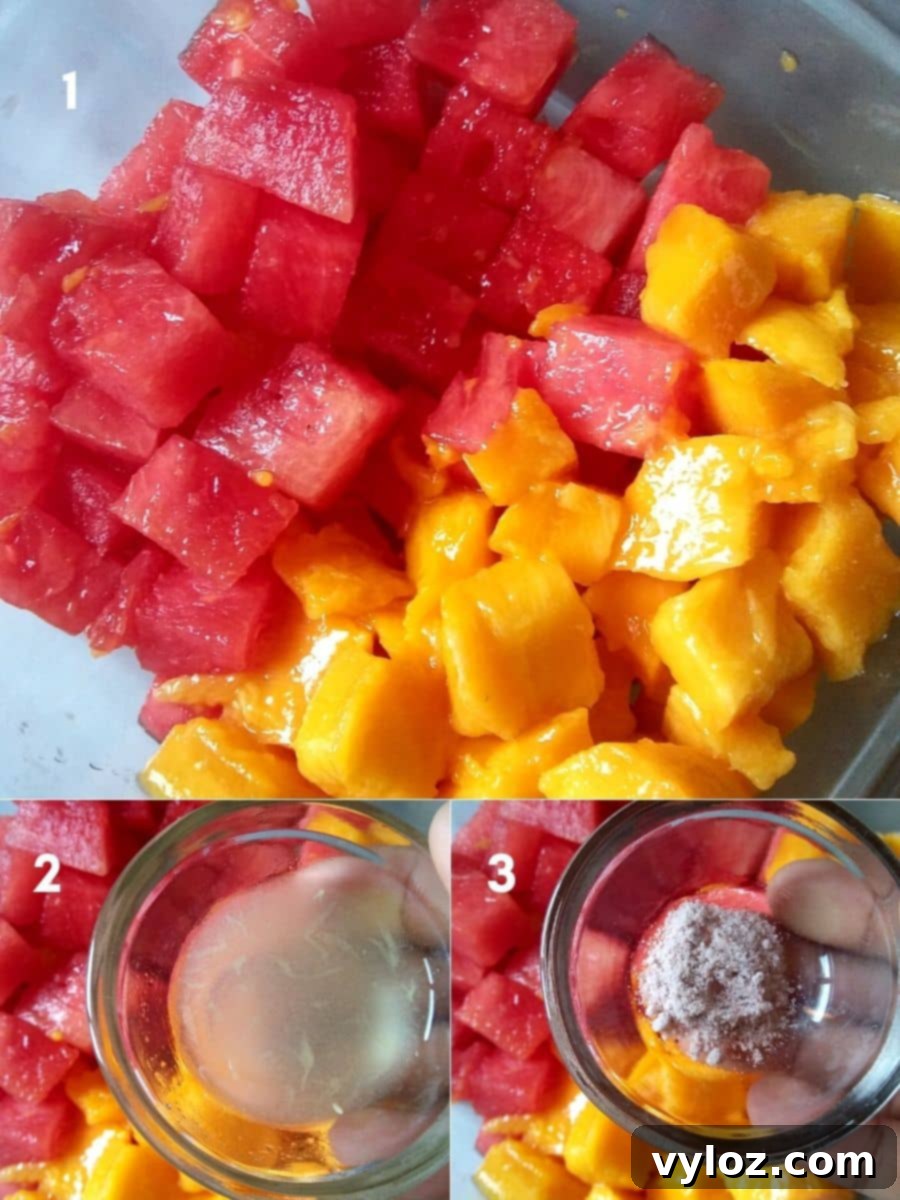 Steps for making Watermelon Mango Salad, showing ingredients in a bowl
